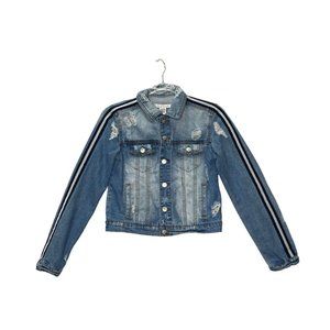 Crave Fame Crop Denim Jacket Womens XS Blue Medium Wash Long Sleeve Distressed B